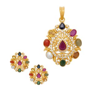 22k Gold Pear Navratna Pendant Set