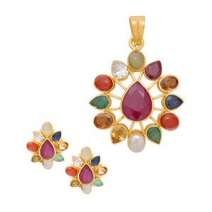 22k Gold Radiant Navratna Pendant Set