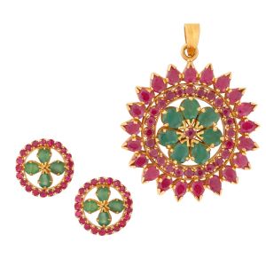 22k Gold Emerald Ruby Pendant Set 