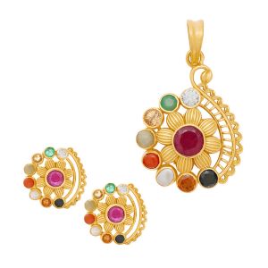 22k Gold Mesh Navratna Pendant Set