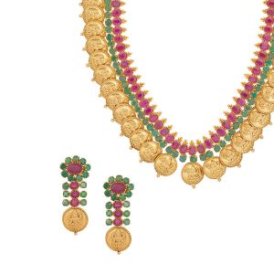 22k Gold Kasu Coins Gemstone Necklace 