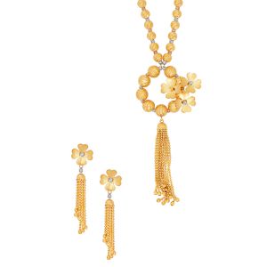 22k Gold Beaded Clover Tassel Necklace