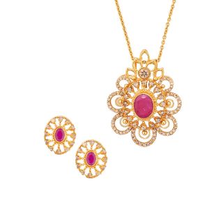 22k Diamond Floral Ruby Pendant Necklace