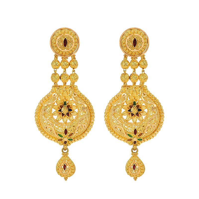 22k Gold Long Filigree Meenakari Dangle Earrings Raj Jewels