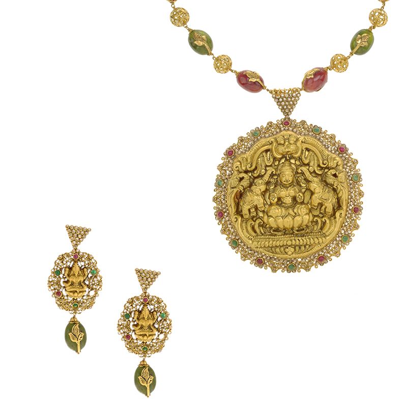 22k Laxmi Pendant Beads Necklace Set Raj Jewels